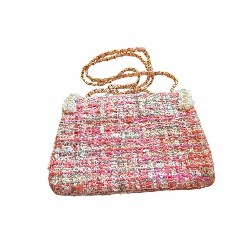 Classic tweed pearl pink shoulder bag purse super cute classic gold closure - Picture 9 of 9